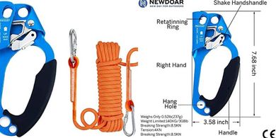 NewDoar CE Certified Right-Hand Ascender Rope (Orange, 33ft) for Fire Rescue
