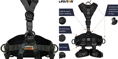 Fusion Climb Tac-Rescue Full Body Harness: 6 D-rings, quick-release, OSHA/ANSI compliant.