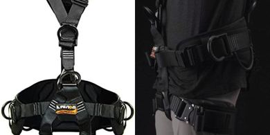 Fusion Climb Rescue Harness:  Full-body, padded, 6 D-rings, quick-release, OSHA/ANSI compliant.
