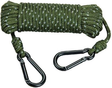 Heavy-duty 30ft reflective treestand rope with carabiners for hunting.
