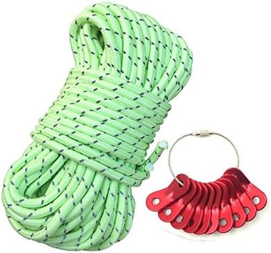 Glow-in-the-Dark Reflective Tent Rope (20m, 10 Adjusters)
